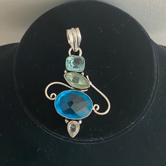 Hand Crafted Blue Topaz Tourmaline Crystal 925 Sterling Silver Pendant - Picture 1 of 6